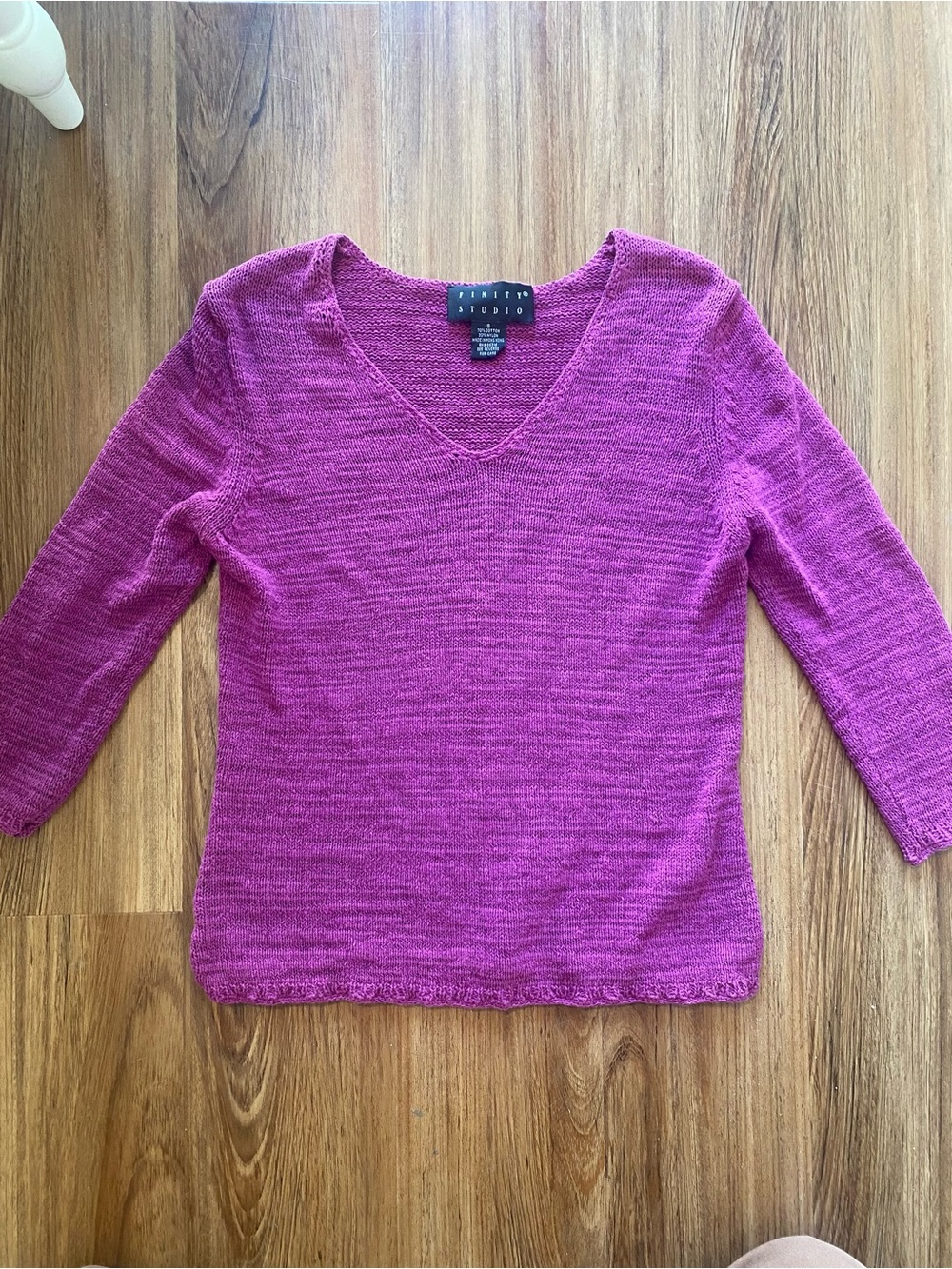 Finity Studio Vibrant Purple Textured Open Knit V-Neck Pullover Sweater